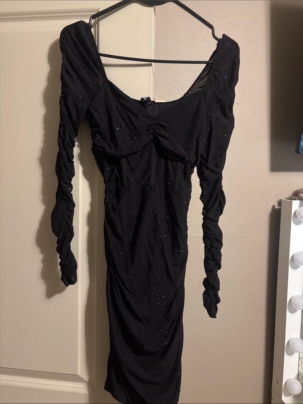 Windsor Black Long-Sleeve Ruched Sparkle Bodycon Dress